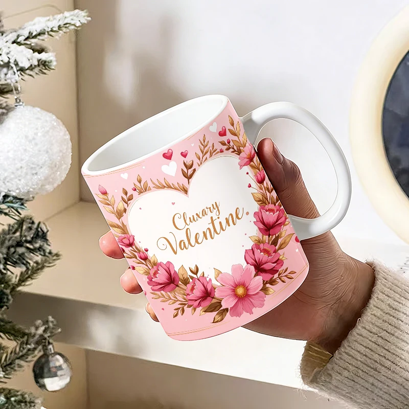 

11oz Valentine's Day floral ceramic mug with handle, full-pattern coffee cup,insulated milk cup,office water cup, fade-resistant