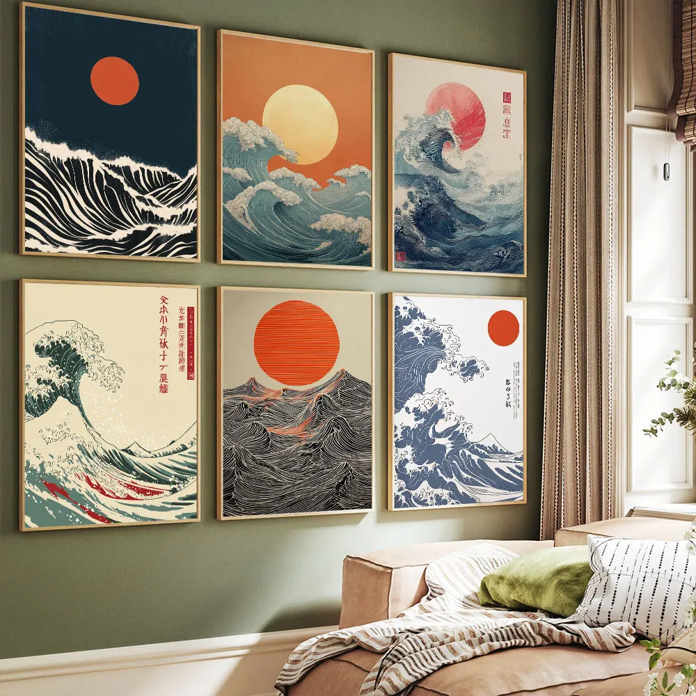 Japanische Sonne und Wellen, abstrakte Poster, Leinwandgemälde, Druck, Zimmer, Zuhause, Büro, Café, Hotel, Restaurant, Wanddekoration