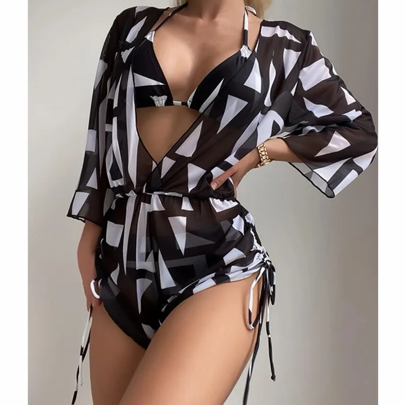 One-Piece Mesh Swimsuit, Long Sleeve, High Waisted Print, Drawstring, Three-Piece Bikini, 2022