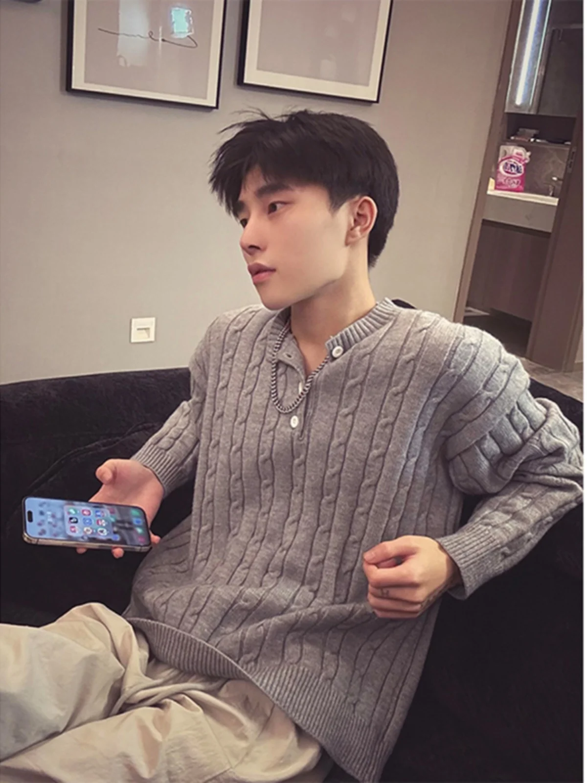 

Cleanfit Light ey Men's Knitted Sweater Henry Collar Twist Knit Base irt Winter Faion Casual Loose Fit Long Sve