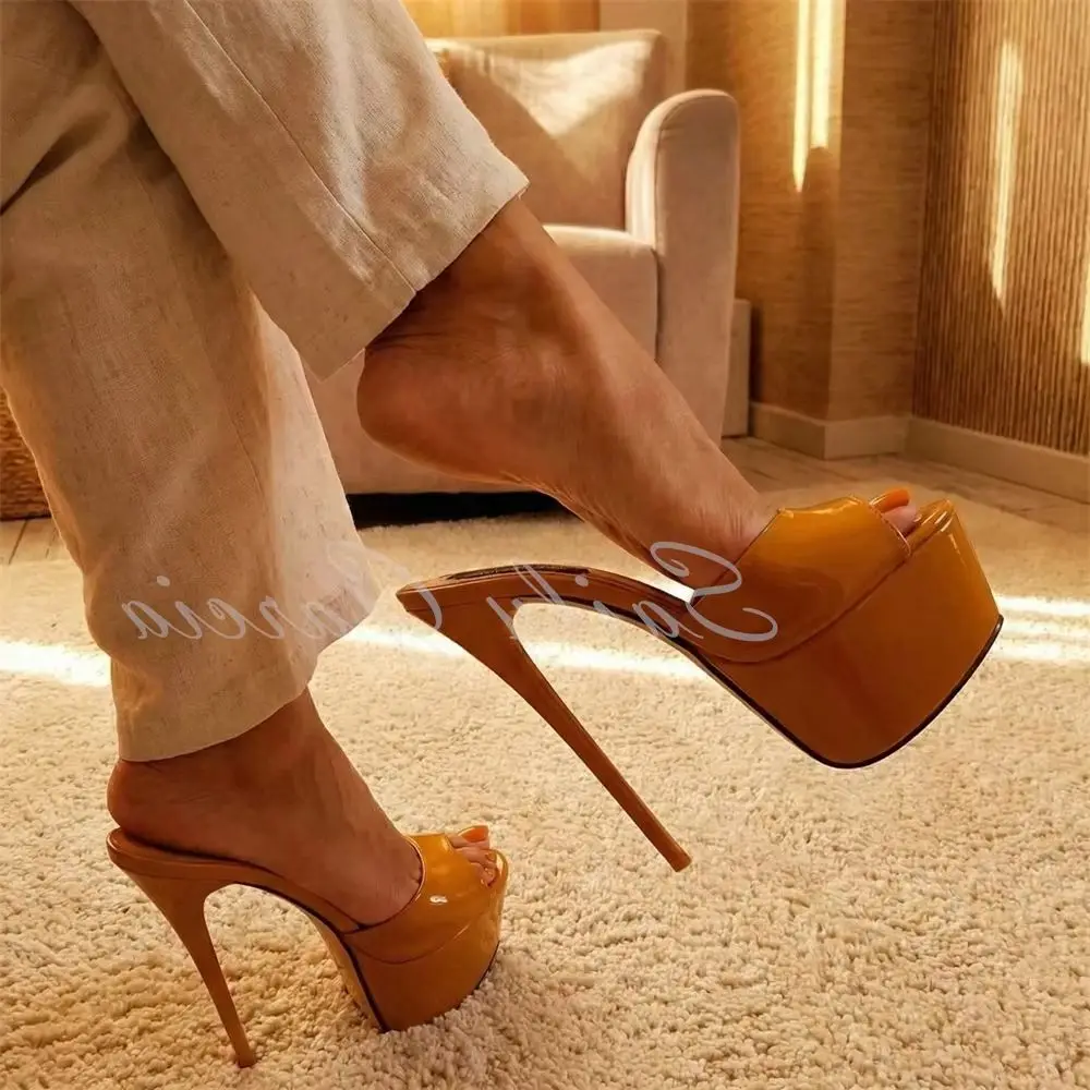 

Yellow Brown Platform High Heel Slippers Women Sexy Stiletto Heel Slip On Solid Color Elegant Party Dress Mules Wedding Shoes