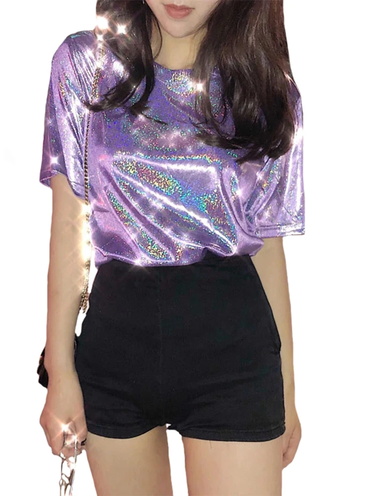 summer woman tops shiny loose short sleeve t-shirt sexy club aesthetic harajuku women stylish bright silk tshirt