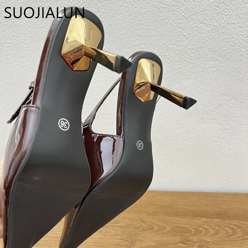 SUOJIALUN Spring New Brand Women Sandal Fashion Pointed Toe Shallow Slip On Slingback Shoes Thin High Heel Outdoor Dress Pumps