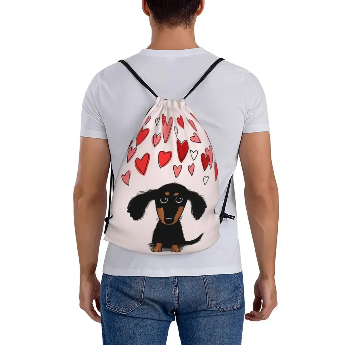 Mochila de perro salchicha con corazones de San Valentín, morral con cordón, bolsa deportiva con bolsillo