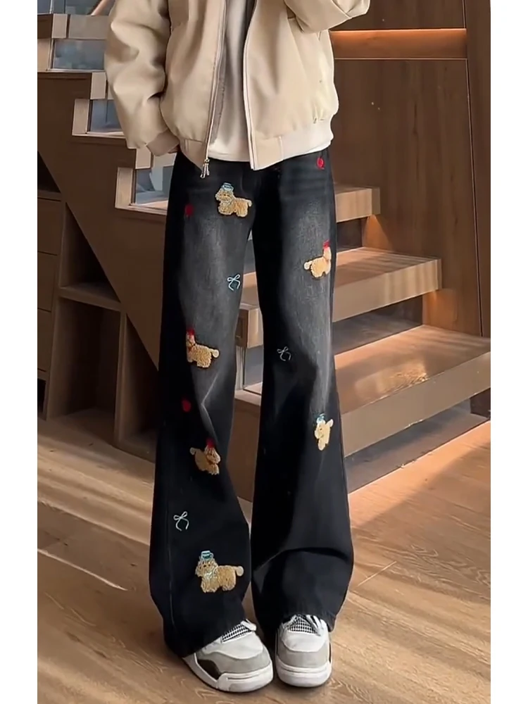 

Bla American Retro Dog Embroidery Jeans High Waist Straight Leg Men's Winter High Street Sle Loose Fit Casual Trousers