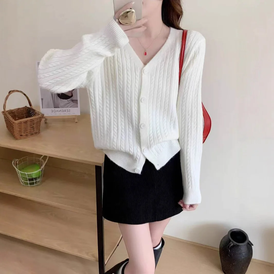 

Women's Short Outerwear Sweater Fashion Twist Open-Shirt Slimming Top Korean Style Loose Long Sleeve V-Neck Knitted Cardigan