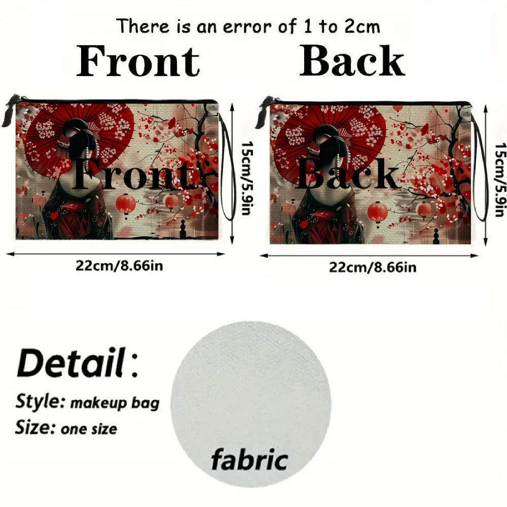 Sakura Geisha Canvas Makeup Bag, Red Umbrella Print, Portable Travel Toiletry Bag