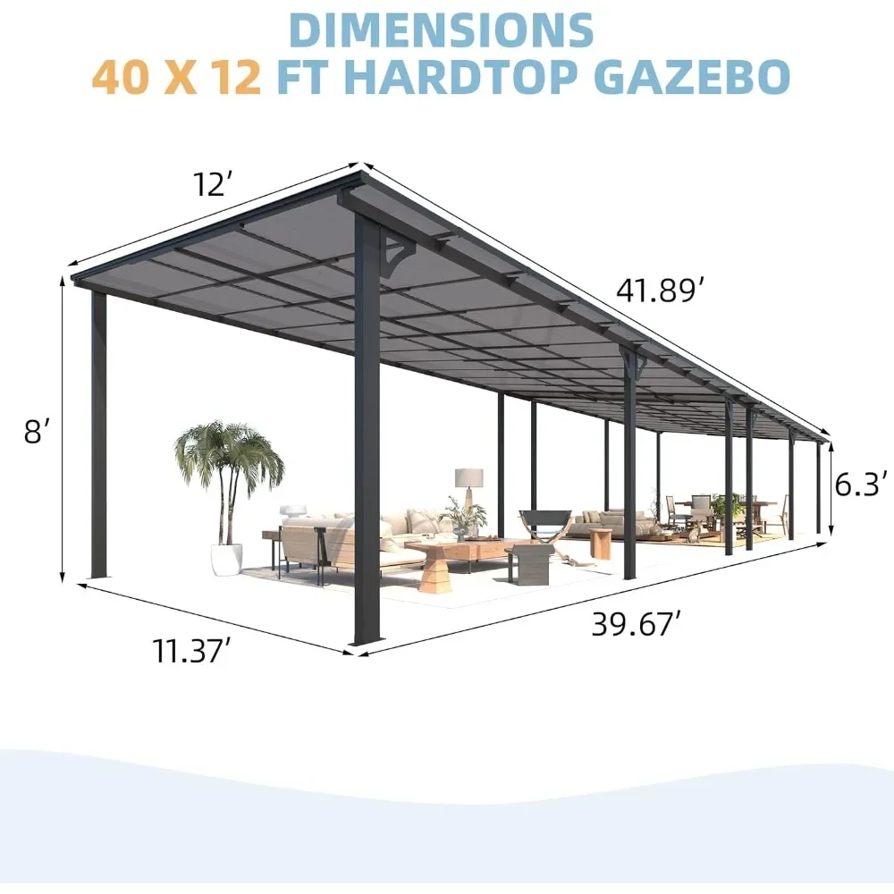 40' X 12' Gazebo for Patio, Large Wall-Mounted Hard Top Lean-to Gazebo Pergola with Roof 12' X 40' on Clearance Home & Garden