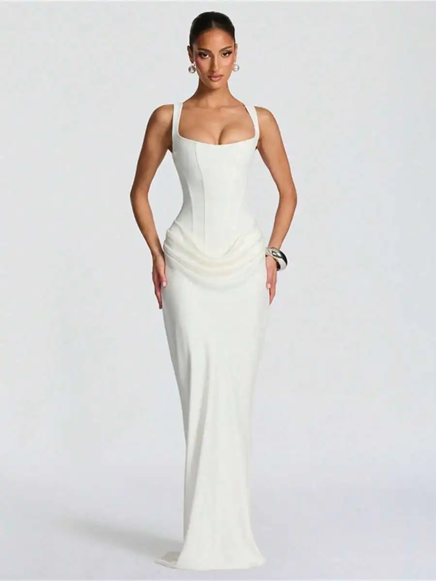 

Elegant White Sleeveless Fitted Dress With Draped Detail Floor Length