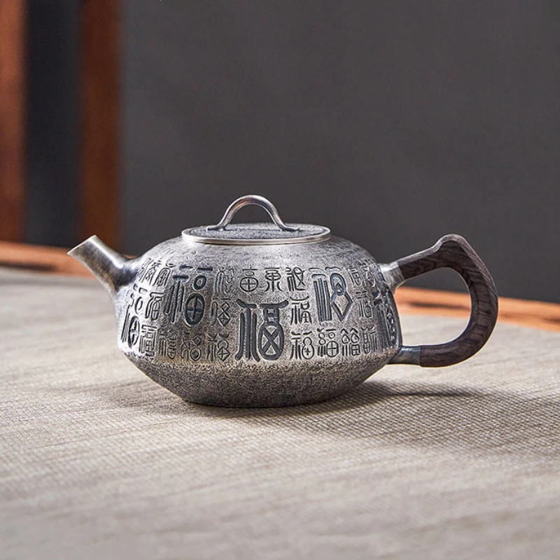 

Sterling Silver 999 Teapot Pure Handmade Hundred Blessing Stone Scoop Pot Tea Home Kungfu Teaset