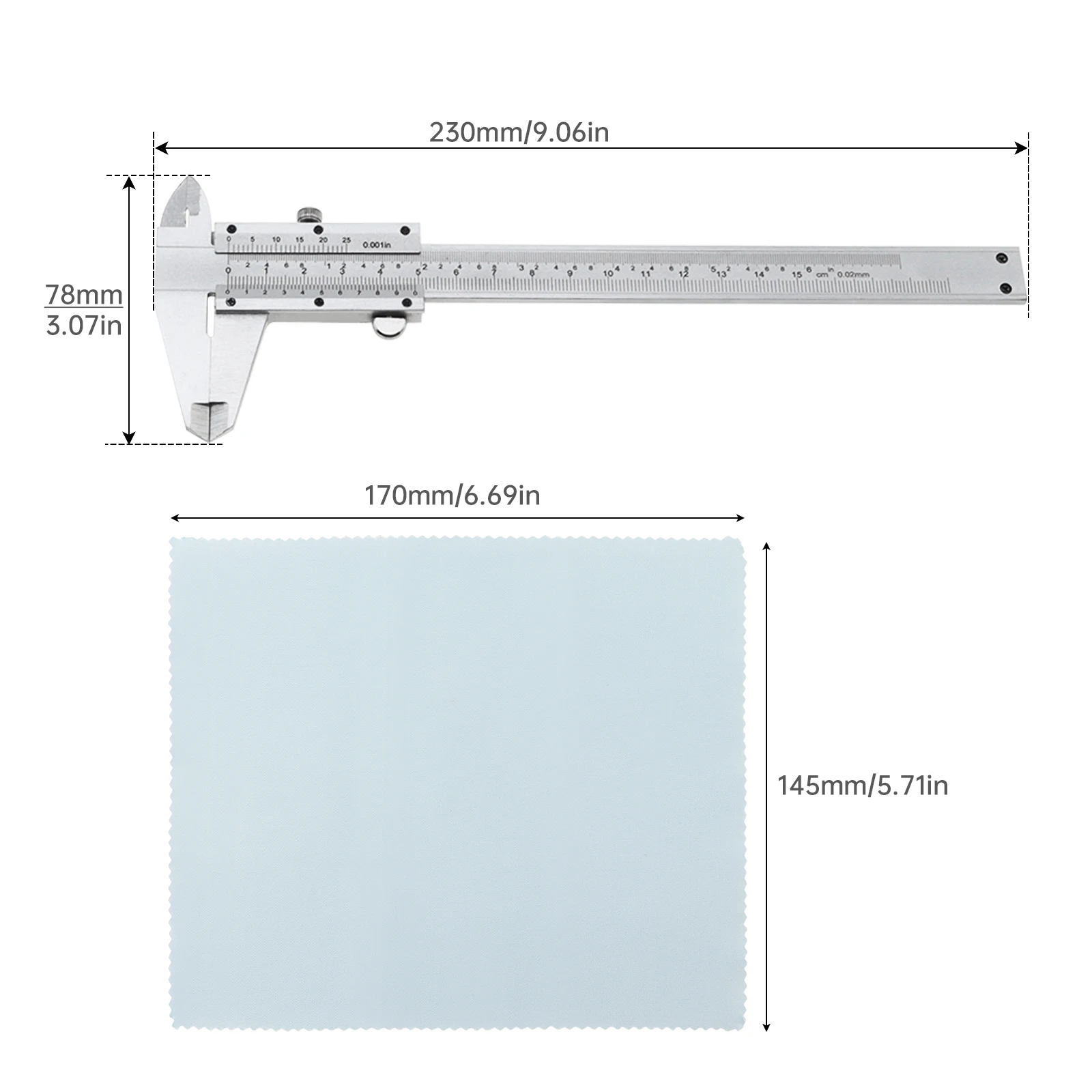 Imagem -02 - Aço Carbono Métrica & Imperial Escalas Duplas Vernier Caliper Gauge Slide Caliper Ferramenta de Medição com Pano de Limpeza Macio 0150 mm de