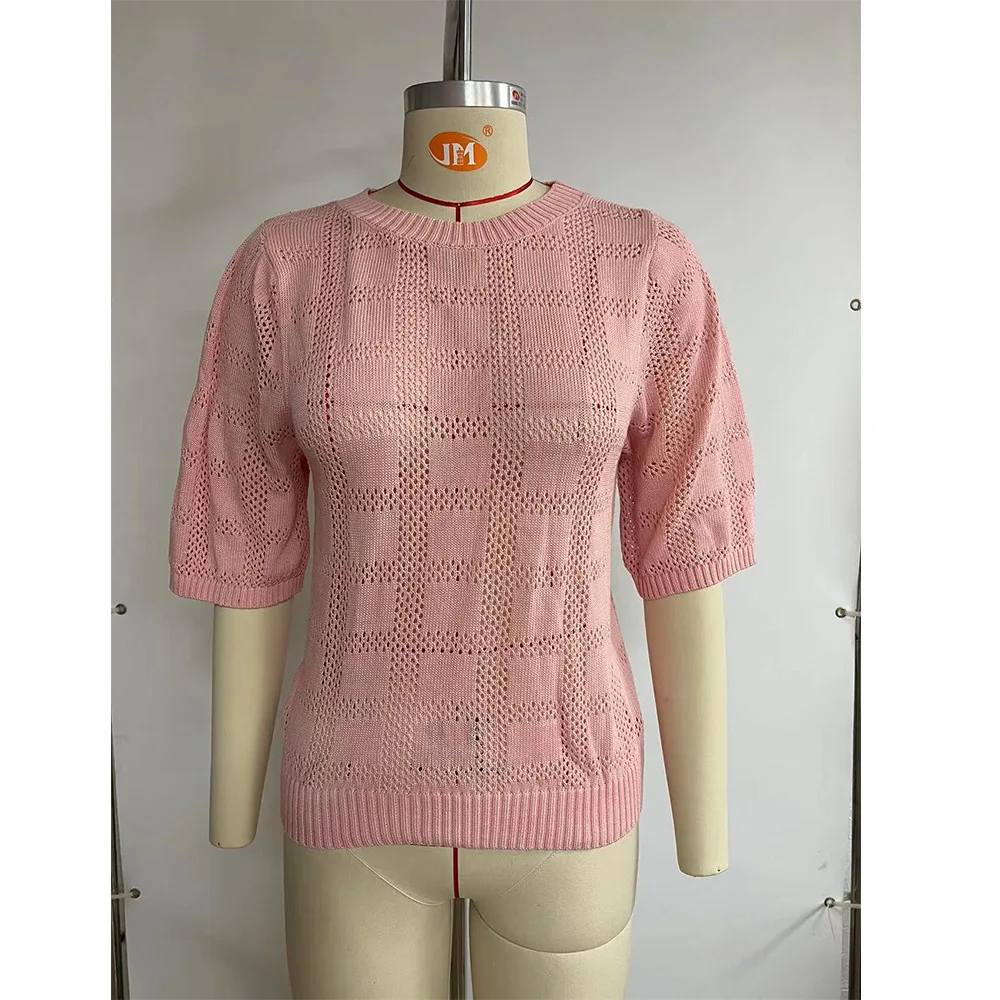 2025 Summer Women's O-neck Loose T-shirt Half-sleeved Knitted Pullover Casual Pink Versatile Top Girls Tees