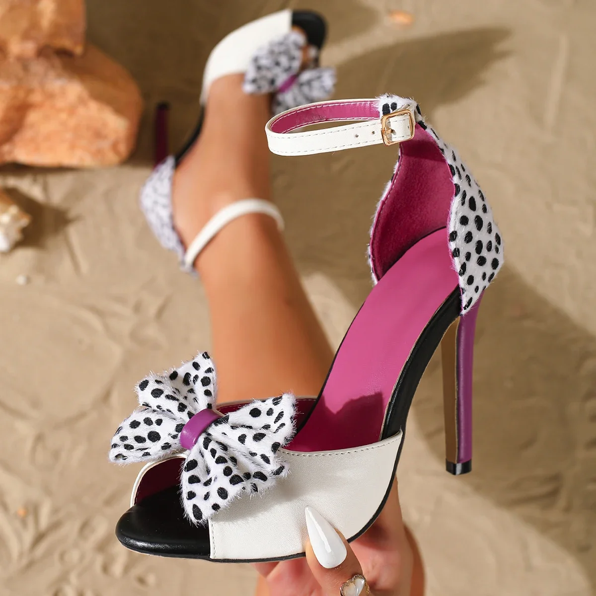 Women's Leopard Print Bow High Heel Sandals, White & Purple Ankle Strap Heels, Peep Toe Summer Party & Club Shoes, Drop Shipping