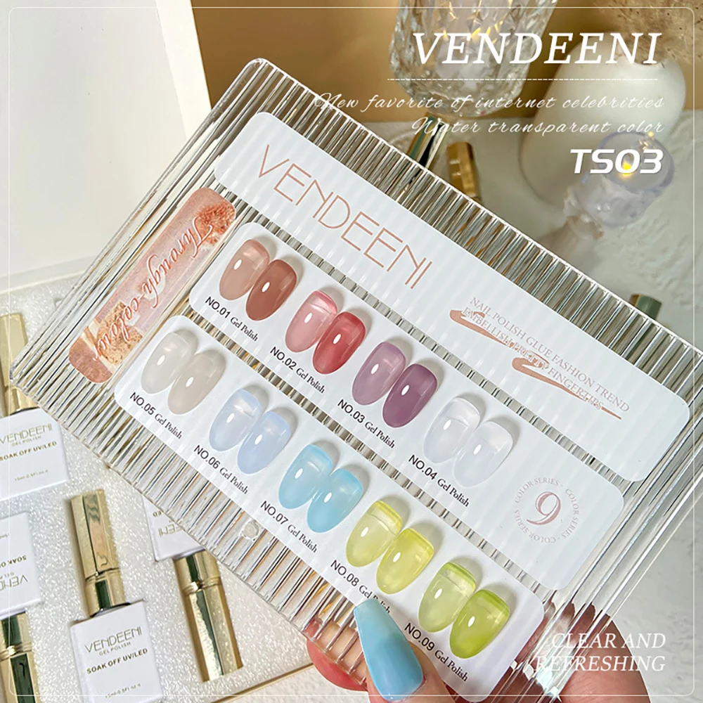 Vendeeni 9 Color Transparent Gel Nail Polish Semi Permanent Colorful Jelly UV LED Soak Off Gel Varnish Jade Nail Art Gel Lacquer