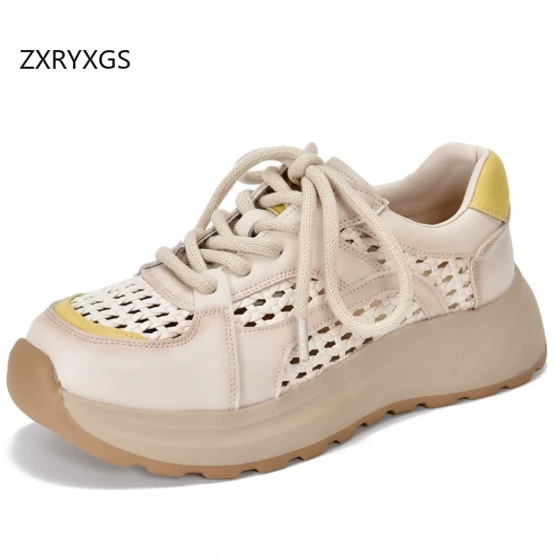ZXRYXGS 2026 Spell Color Splicing Genuine Leather Mesh Sneakers Trendy Shoes Woman Thick Sole Fashion Casual Breathable Sneakers