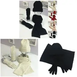 Conjunto de guantes de lana de punto suave y cálido para mujer, gorro grueso, bufanda, Invierno