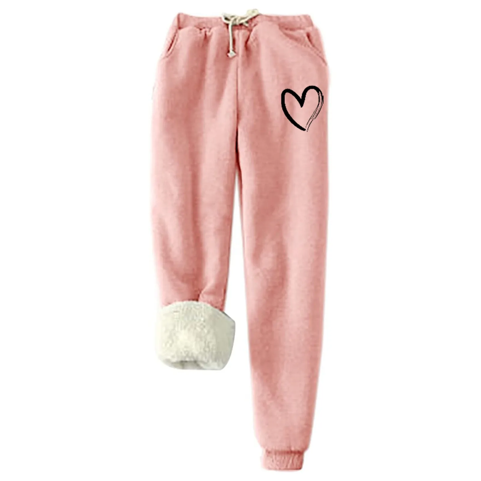 Love Heart Print Womens Pants Fleece Plush Loose Long Pants Fashion Trousers Spring Autumn Winter Sweatpants Jogger Pants