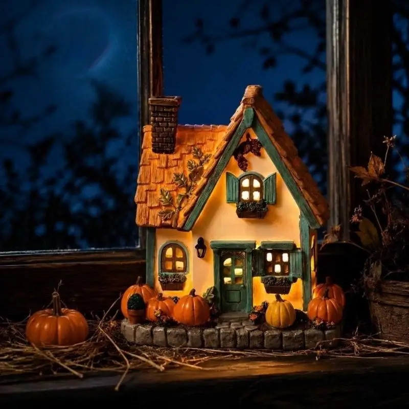 LED-Herbst-Kürbishaus-Dekoration, Harz-Tisch-Cottage-Statue mit warmem Licht, Ernte-Kaminsims-Akzent für Wohnzimmer und D2RD – Detail 3