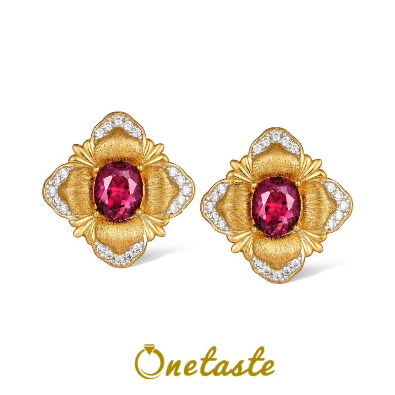 

Red Garnet 925 Sterling Silver Gold Plated Brushed Flower Square Stud Earrings Women Cubic Zirconia Dainty Trendy Earring Gift