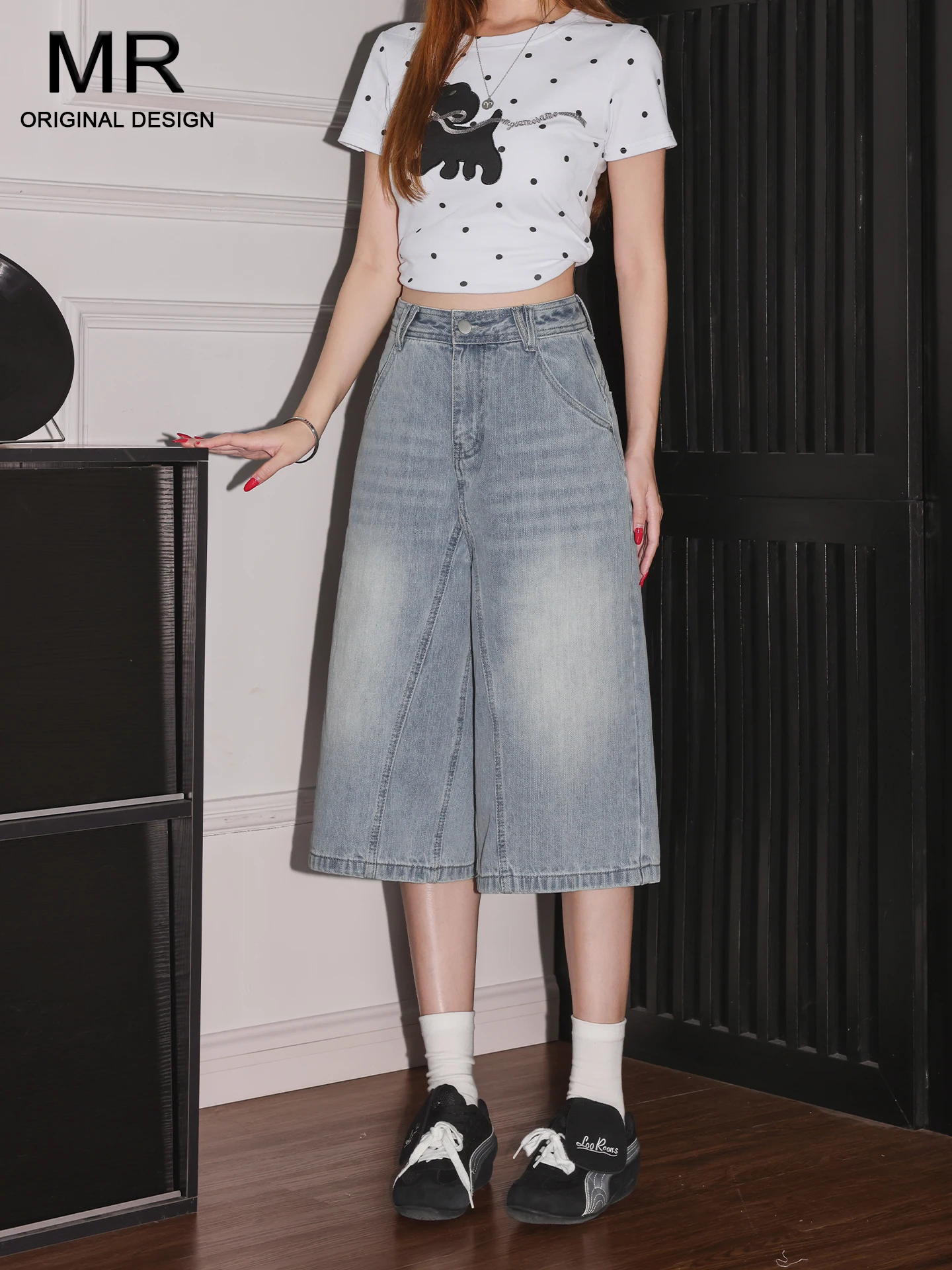 

American Style High Waist Seven Inch Denim Jeans Women's Summer Slimming Loose Drapey Lazy Wide Leg Pants Casual Wear