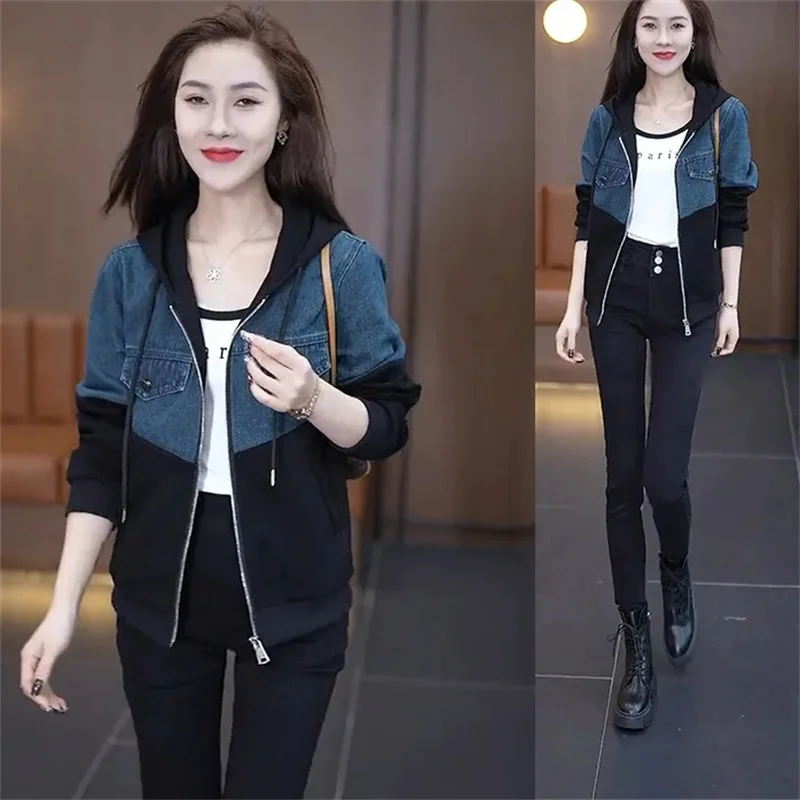 Splicing Short Denim Jacket Women\'s 2024 Spring And Autumn New Coat Korean Fashion Loose Casual Joker Hooded Top