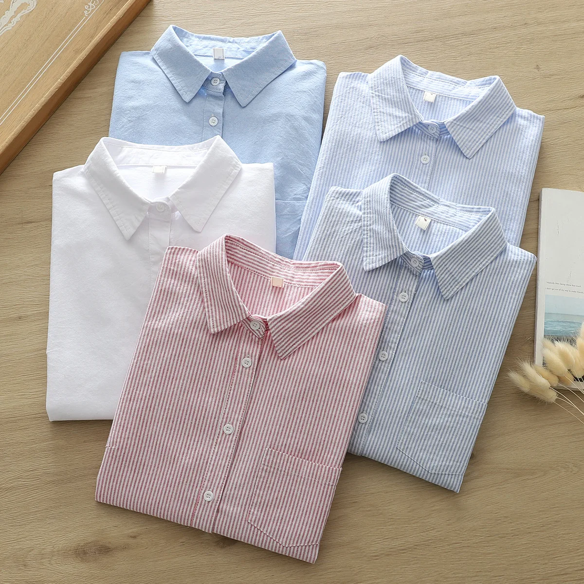 

[Ready Stock] High Quality Women 100% Cotton Blouse Shirt Oxford Spinning Shirt, Striped Bottom Shirt Women OL Blouses