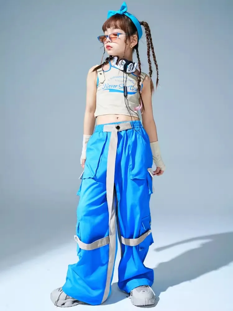 Disfraz de Jazz para niña, Ropa de baile de Hip Hop, Tops cortos, pantalones Cargo azules, traje de actuación para baile callejero, ropa de concierto BL10996