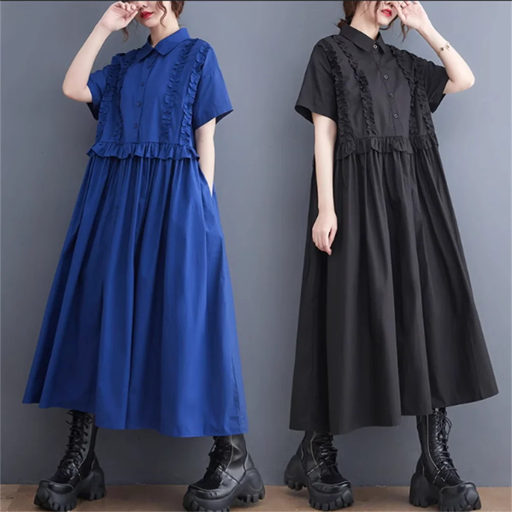 

New lotus leaf edge spliced temperament loose dress fashion pleated long shirt dress