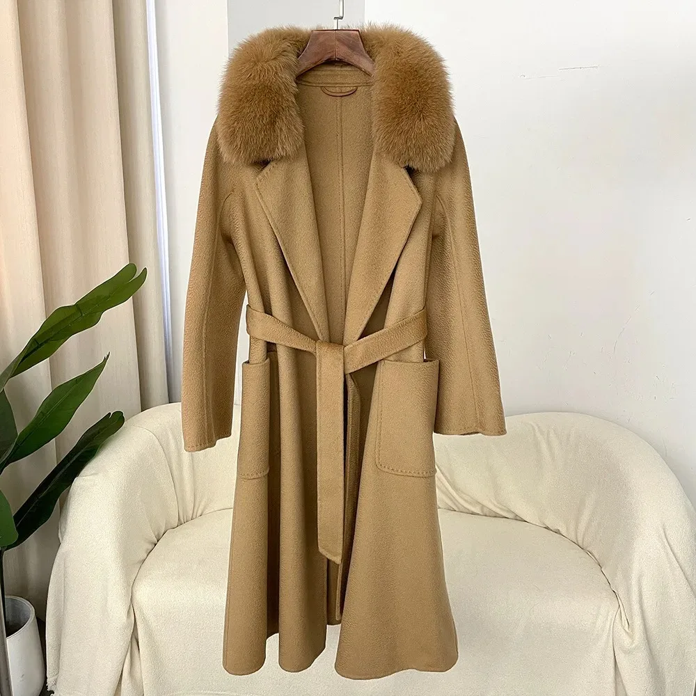 New natural fur fur jacket Autumn and winter real fox fur collar real wool coat Women\'s mid-length coat removable fur collar