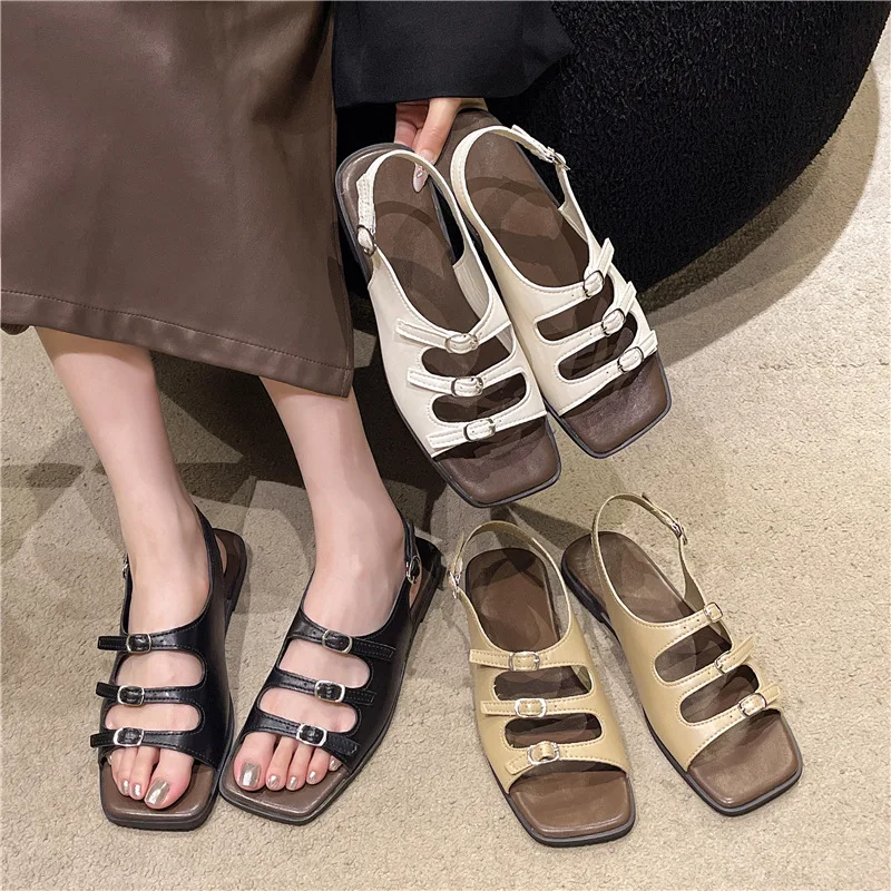 Sandalias Retro para mujer, zapatos de gladiador originales de cuero bajo para playa, cómodos, planos, Beige, correa trasera sólida R, 2024