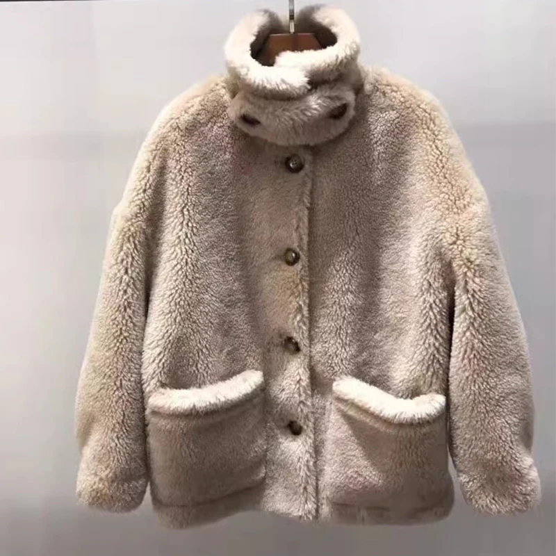 

2023 Winter Thicken Warm Teddy Fur Jacket Women Casual Fashion Lamb Faux Fur Overcoat Fluffy Top Stand Collar Buttons Outwear