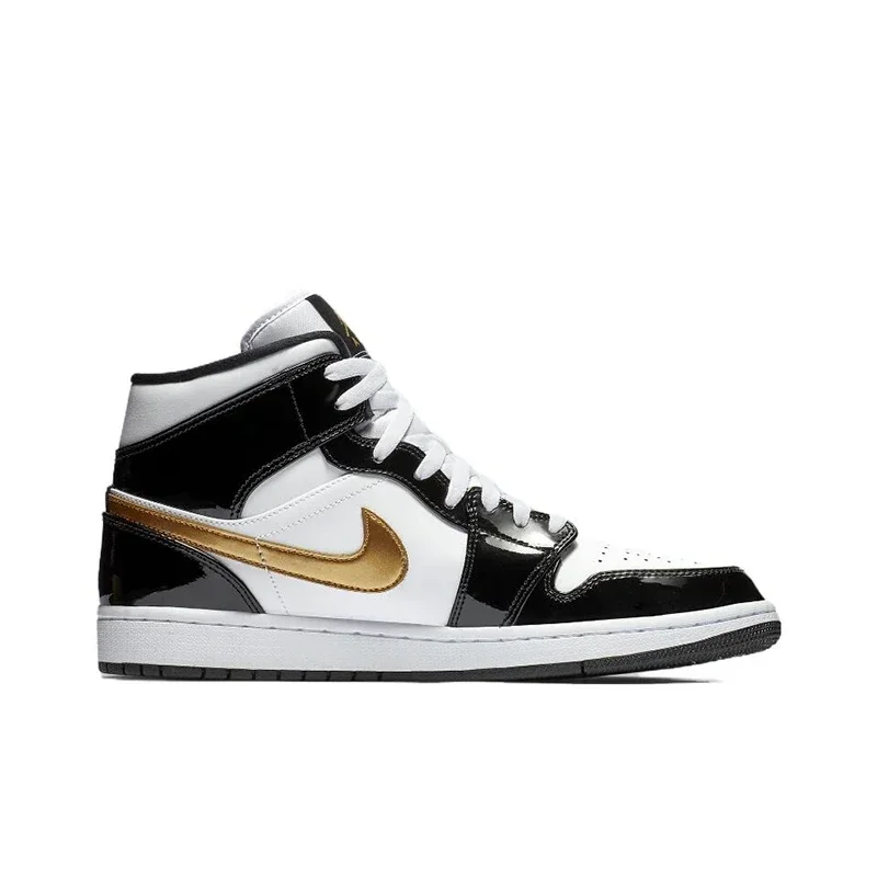 Air Jordan 1 Mid SE Leather Shock-absorbing Retro Basketball Shoes Men's Black Gold Version 2023 Sneakers 852542-007