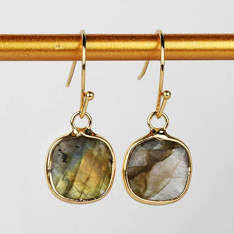 BOROSA Art Deco Square Shaped Crystal Labradorite Faceted Charms Dangle Earrings Druzy For Women Girls Anniversary Jewelry Gifts