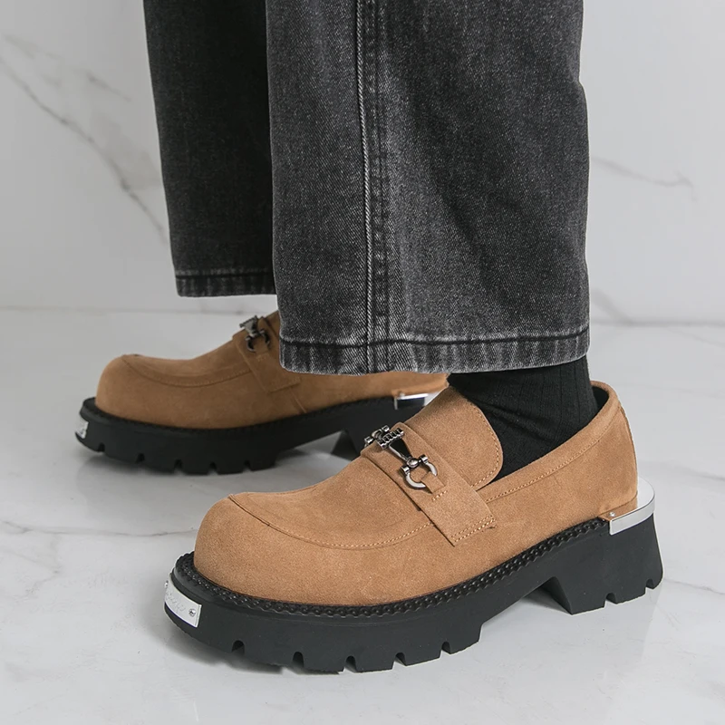 عالية الجودة الرجال الجلد المدبوغ منصة أحذية من الجلد Nubuck جلد الأعمال الرسمية المتسكعون الفم الضحلة العلامة التجارية الخف أحذية الزفاف #2