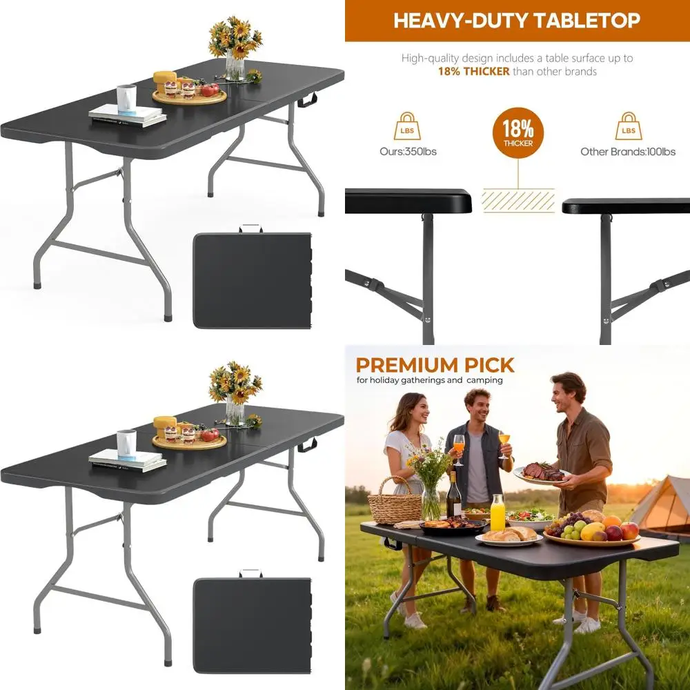 

Heavy-Duty 6-Foot Folding Table Supports 350 LBS, Thick HDPE Waterproof Top, Reinforced Steel, Portable for Outdoors, Indoors, P