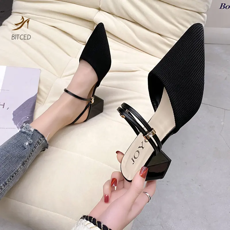 Women Mules Shoes 2023 Summer New Pointed Toe Chunky Heels Ladies Slippers Fashion Plus Size Dress Party Mid Heel Shoes Women