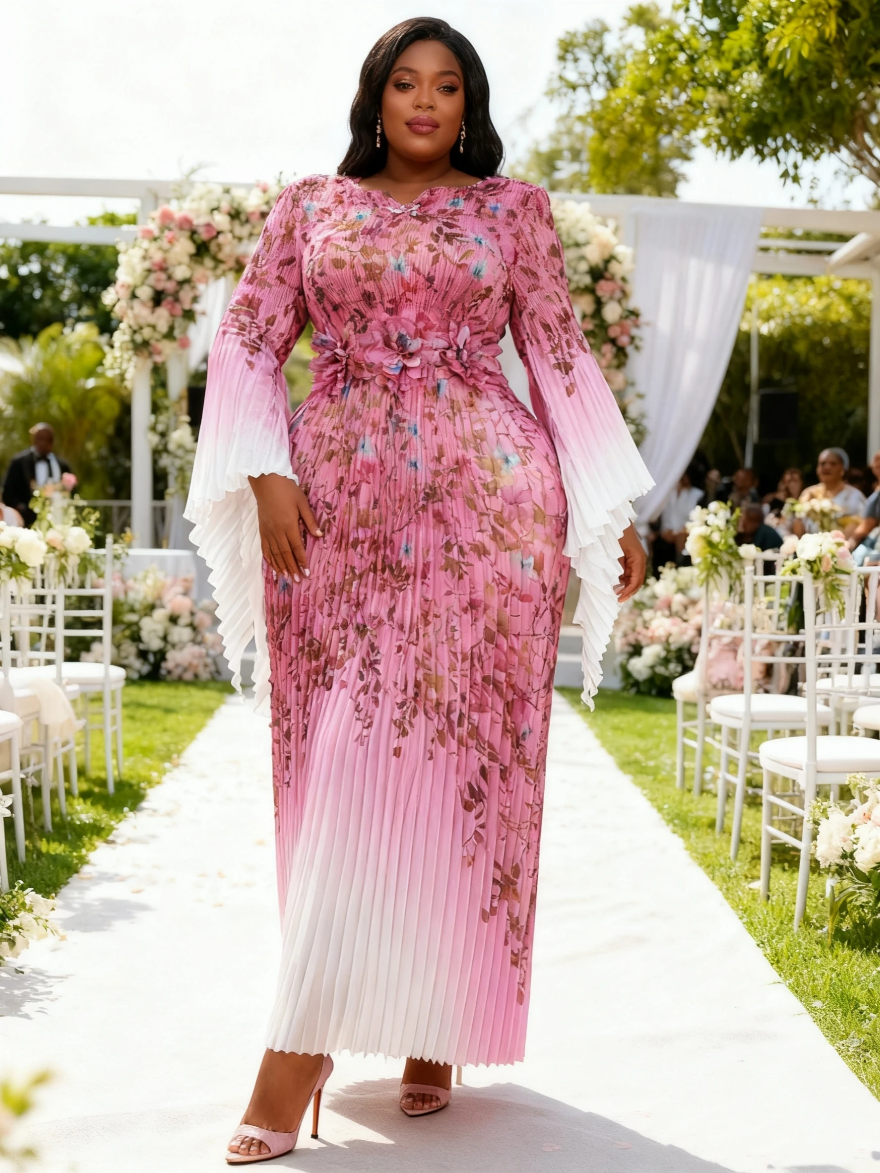 

Miyaki Plus-Size Dress Organza Miyake Gown for Banquets, Social Gatherings, Elegant Evening Parties, Weddings, Gradient Style, Slim-Fit Long Dress with a High-End Feel, Fashionable Floral Belt