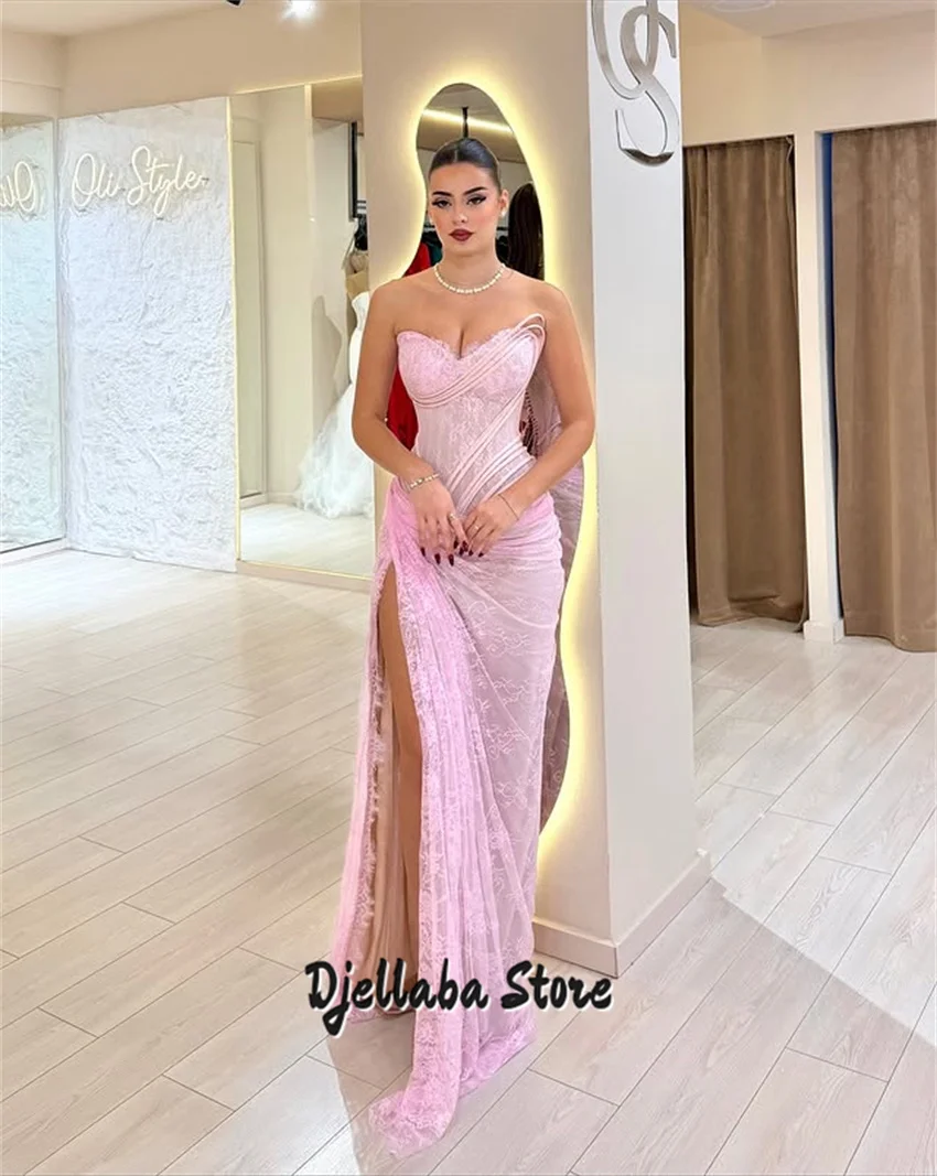 Pretty Pink Customized Off The Shoulder Sweetheart Wedding Party Dress With Split Side Lace Prom Dresses vestidos de