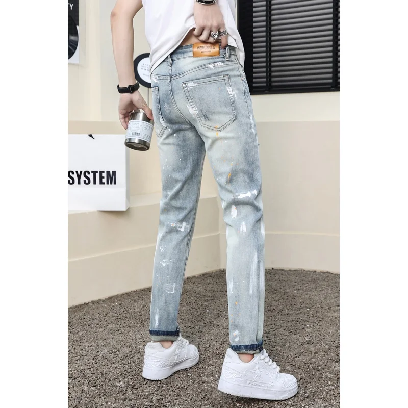 Jeans rasgado, com design de tinta splash, confortável, slim fit, magro, calças de alta qualidade, nova moda, tinta spray, stretch, 2022