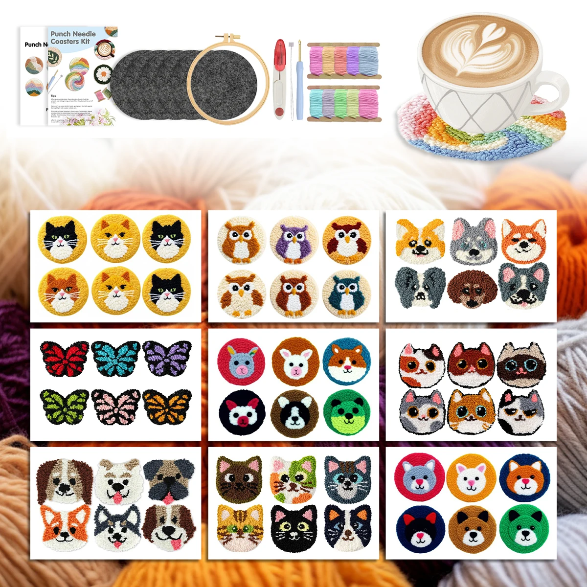 

GATYZTORY Punch Needle Coaster Animals Mini Cute Coaster Set Embroidery Frame Cross Stitch Kits Yarn Cup Mat Crafts Home Decor