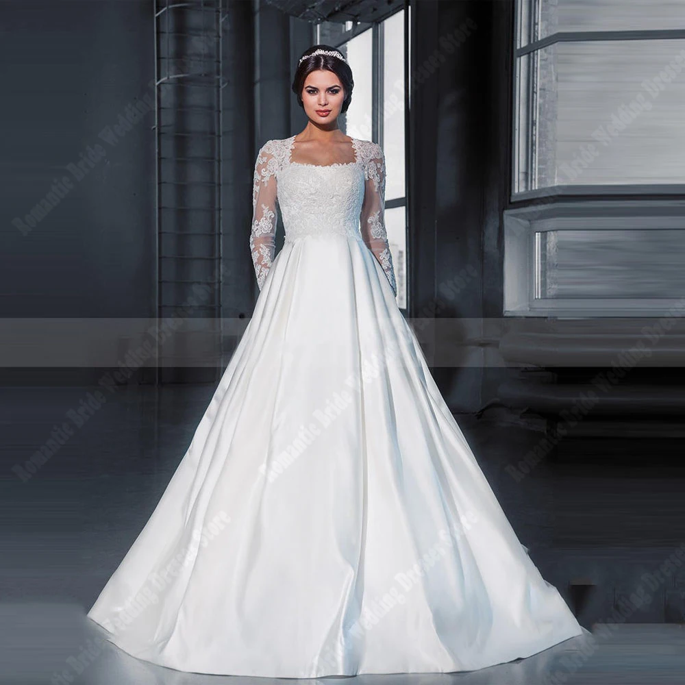 ชุดแต่งงานทรงเอไลน์คอเหลี่ยมปี 2025 ความยาวคลุมพื้น ชุดเจ้าหญิงสวยสง่างามสำหรับงานแต่งงาน ชุดราตรีงานเลี้ยง Vestidos De Novia รับสั่งตัด