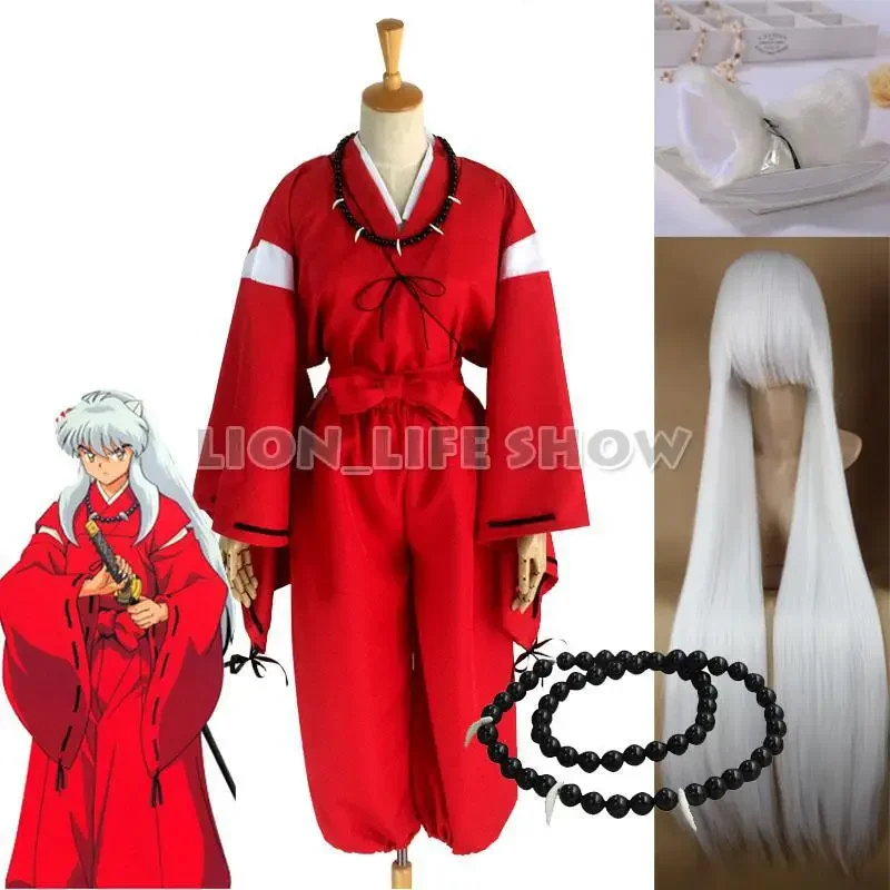 Anime Inuyasha Cosplay Costumes Red Japanese Kimono Men Robe Cosplay Costume Wigs Ears with Necklace For Halloween Party BS5220