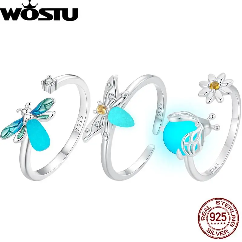 WOSTU Original 925 Sterling Silver Luminous Insect Open Ring Glowing Firefly Open Rings For Women Novel Party Jewelry Gifts