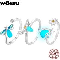 WOSTU Original 925 Sterling Silver Luminous Insect Open Ring Glowing Firefly Open Rings For Women Novel Party Jewelry Gifts