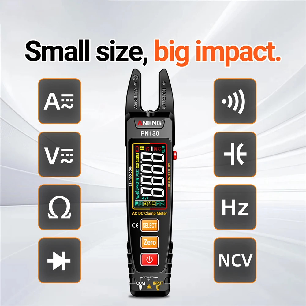 PN130 Inteligente Digital Clamp Meter, AC, DC Tensão, Multímetro atual Set, Capacitância portátil, Tester Resistência, 4000 Contagem