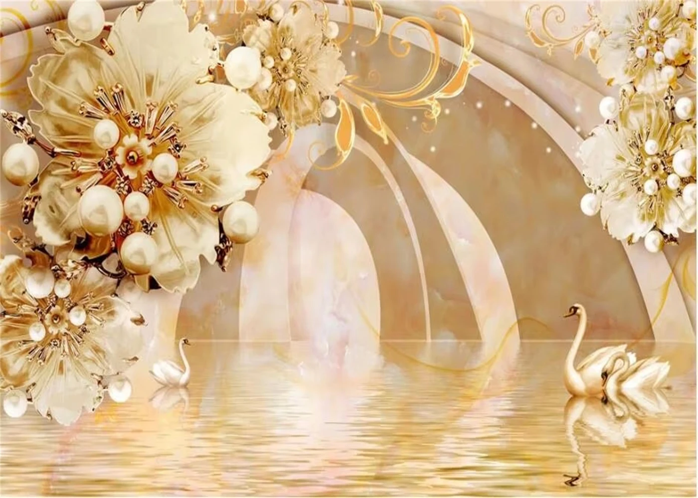 Customized size wallpaper gold high-end relief flower pearl flower decoration painting home decoration tapestry 3d wallpaper