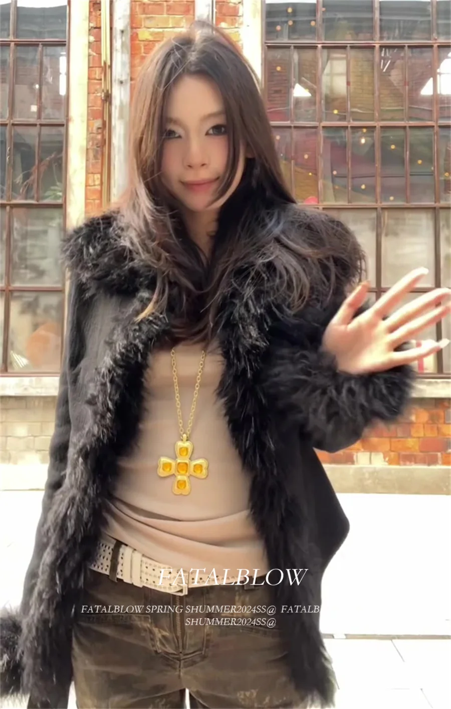 ジャケット・アウター SLY grunge fur mods coat y2k BLK y2k Black Furry Patch Turn-down Collar Short Overcoat Women Gothic