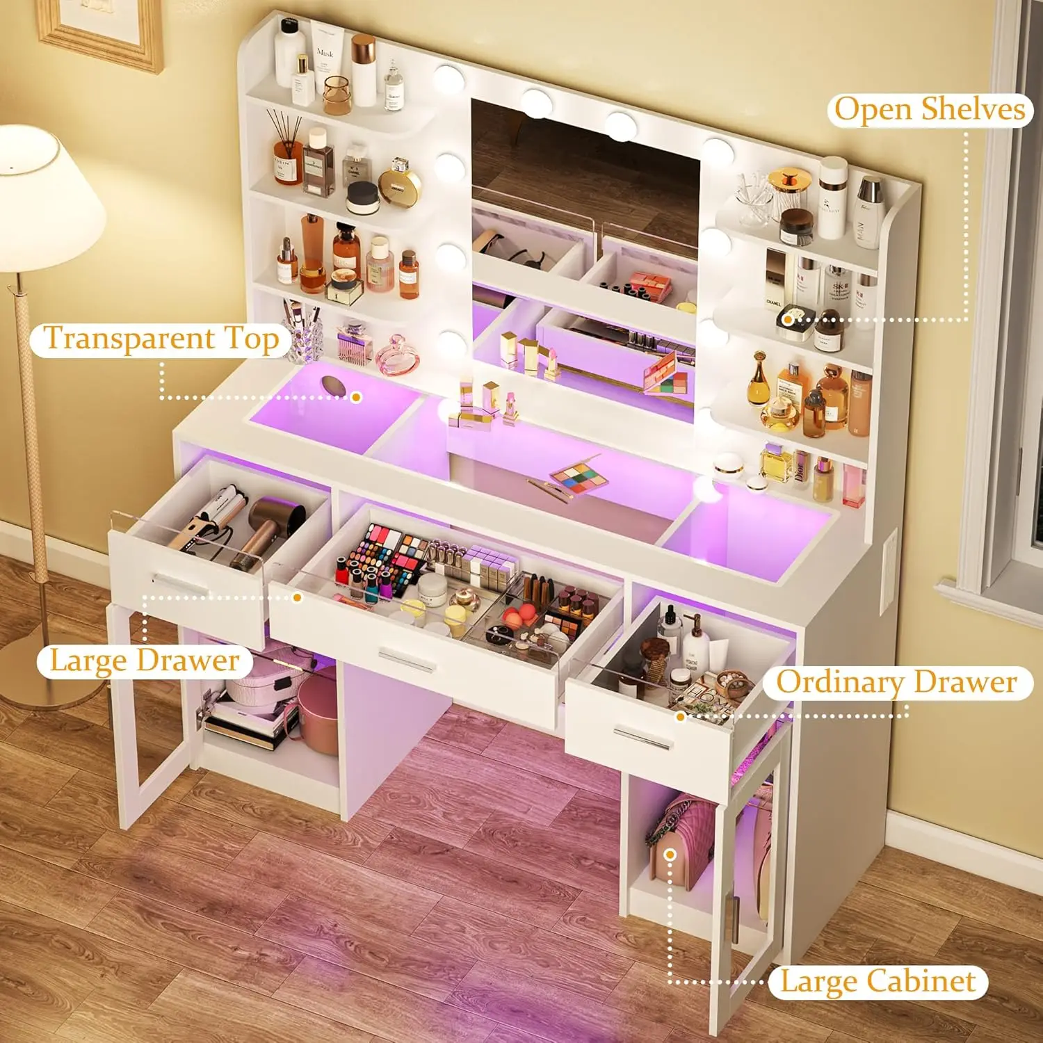 Makeup Vanity Desk with Mirror and Lights Transparent Top with 3 RGB Drawers, 6 Shelves, 2 Large Tempered Cabinets, Customized