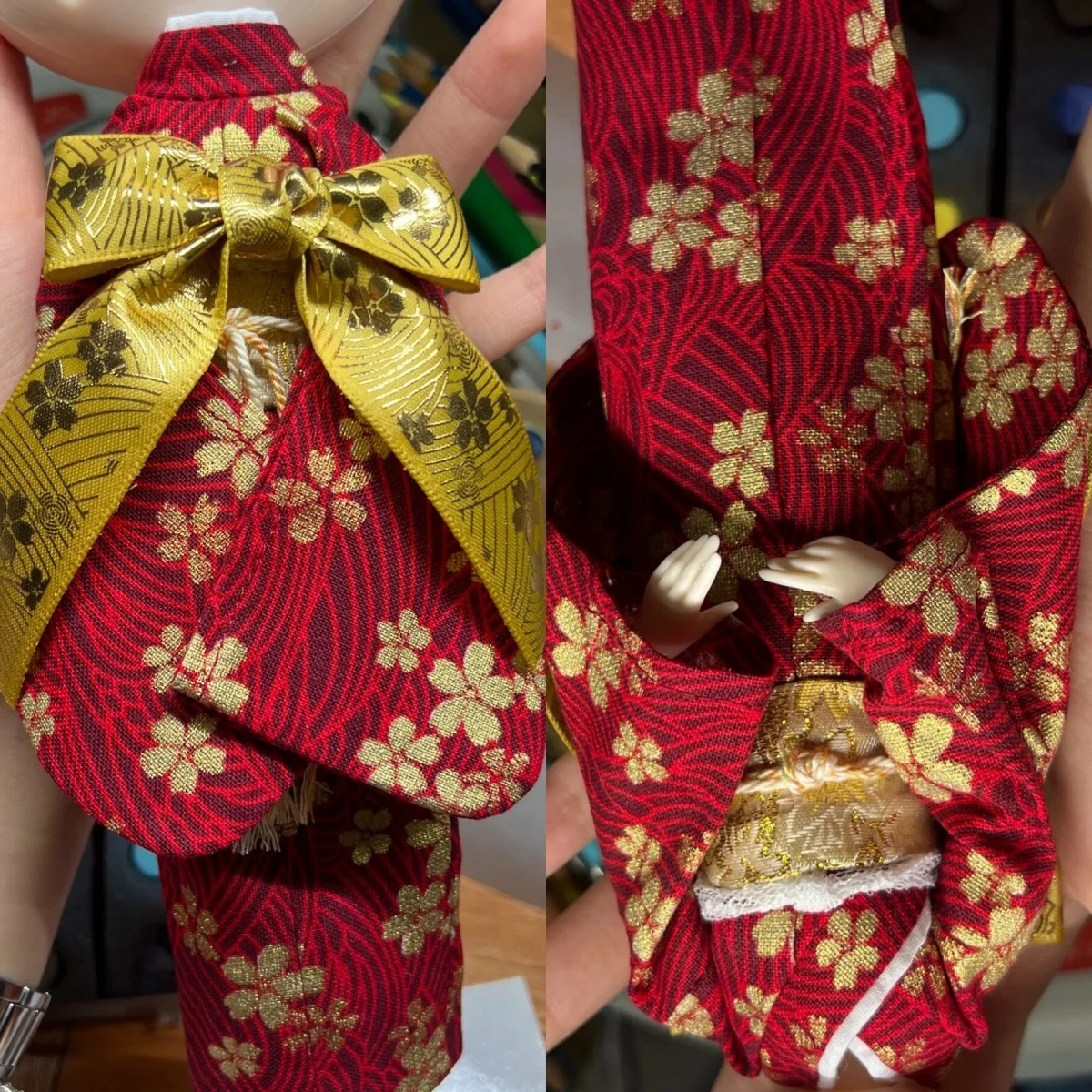 【Clothing Only】Handmade 1/6 Scale Cherry Blossom Pattern Kimono Waist Cover Bow Set For ob24 azone Action Figure Body