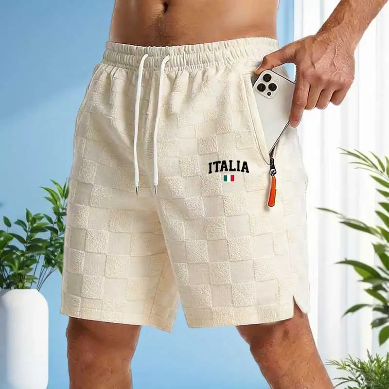 

Men's Premium Jacquard Checkered Shorts ITALIA Italy Flag Print Drawstring Anti-lost Zipper Pockets Casual Summer Beach Shorts.